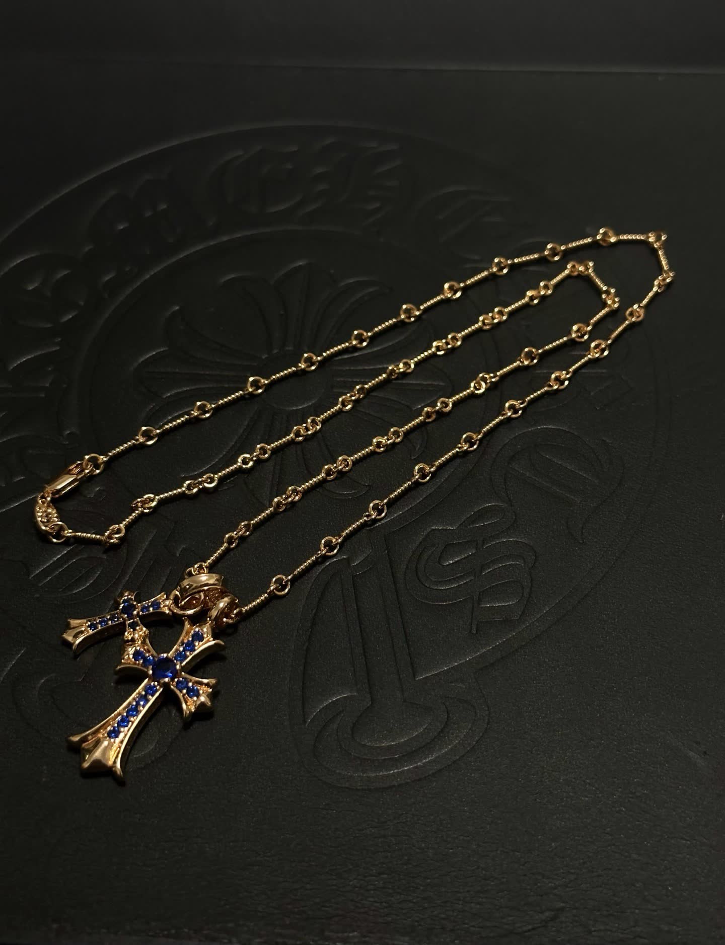 Chrome Hearts Carrera Gold-Tone Blue Crystal Cross Pendant Necklace